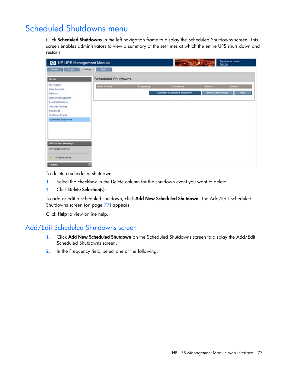 Scheduled shutdowns menu, Add/edit scheduled shutdowns screen | HP UPS Management Modules User Manual | Page 77 / 133