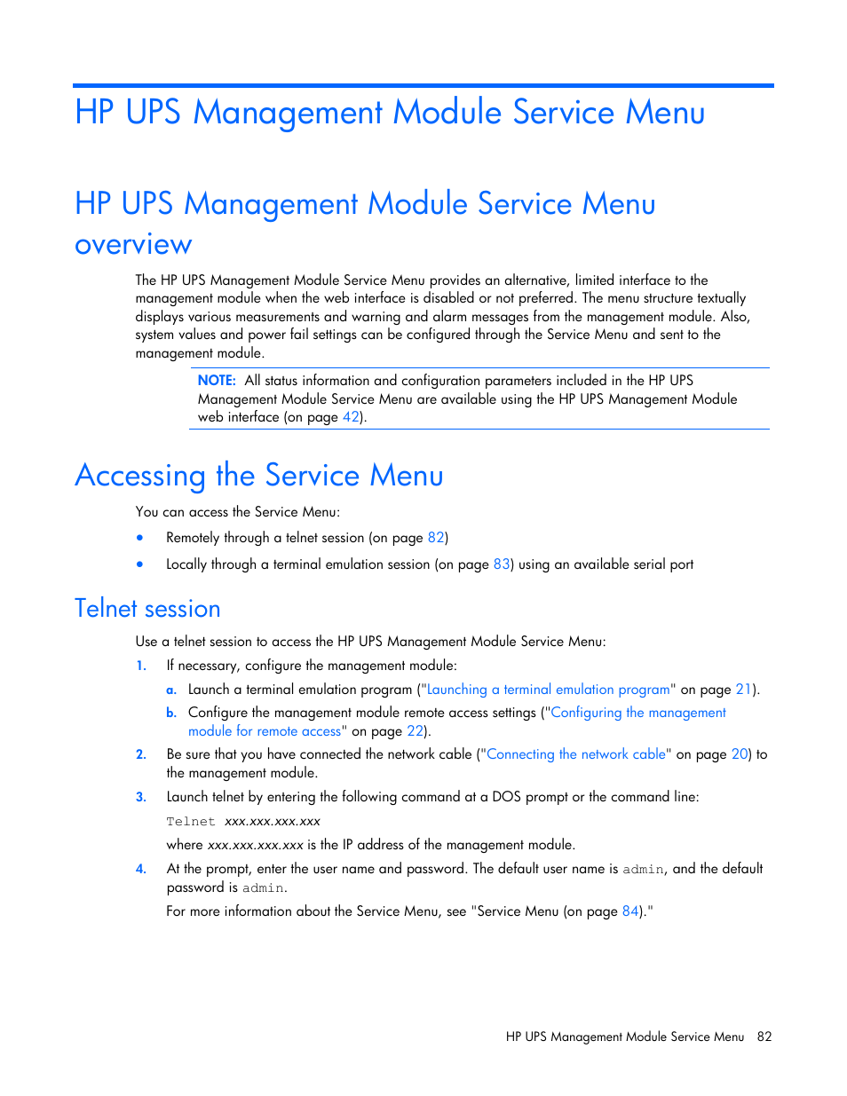 Hp ups management module service menu, Hp ups management module service menu overview, Accessing the service menu | Telnet session | HP UPS Management Modules User Manual | Page 82 / 133