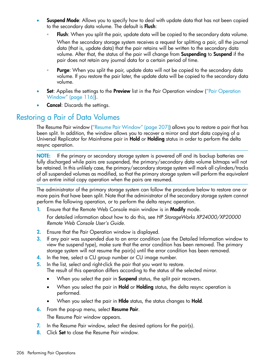 Restoring a pair of data volumes | HP StorageWorks XP Remote Web Console Software User Manual | Page 206 / 252
