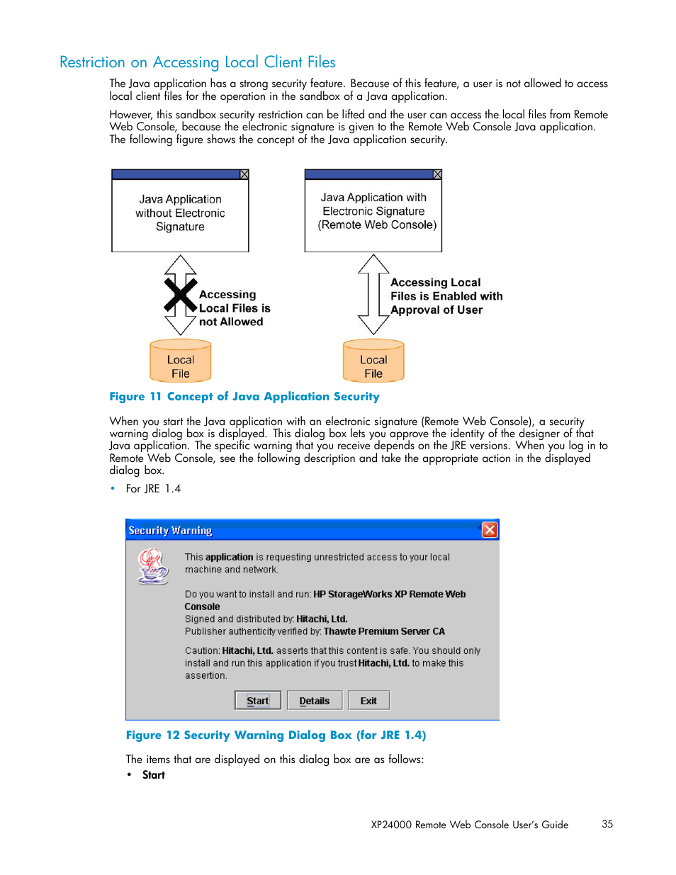 Restriction on accessing local client files, 11 concept of java application security, 12 security warning dialog box (for jre 1.4) | HP XP20000XP24000 Disk Array User Manual | Page 35 / 110