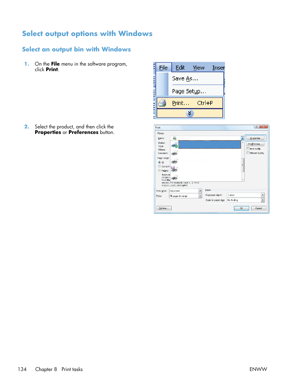 Select output options with windows, Select an output bin with windows | HP LaserJet Enterprise 600 Printer M603 series User Manual | Page 150 / 264