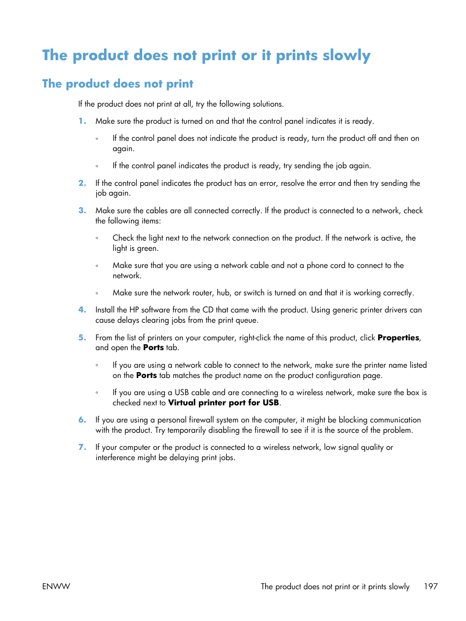 The product does not print or it prints slowly, The product does not print | HP LaserJet Enterprise 600 Printer M603 series User Manual | Page 213 / 264