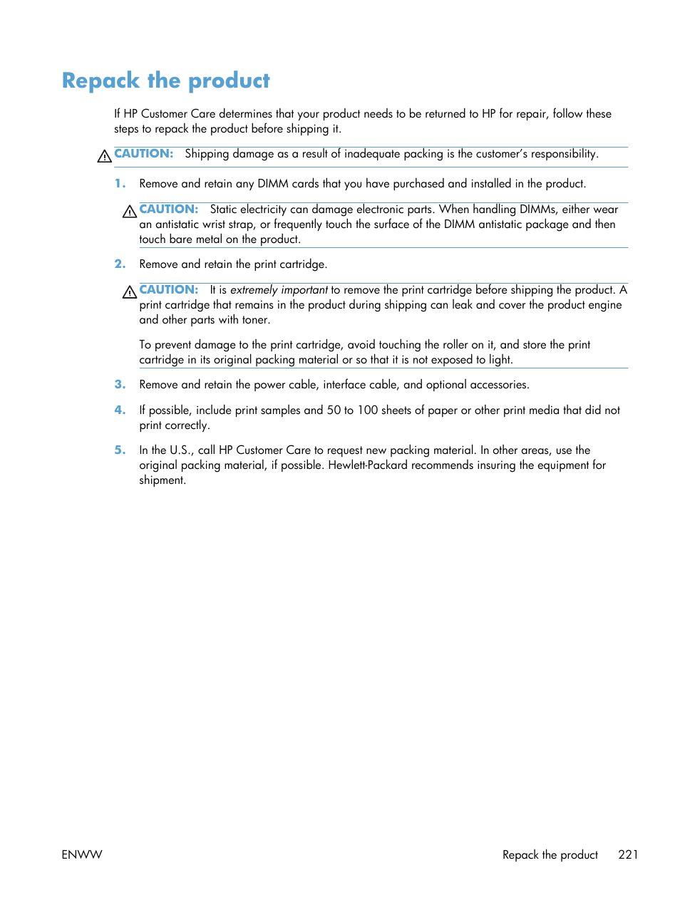 Repack the product | HP LaserJet Enterprise 600 Printer M603 series User Manual | Page 237 / 264