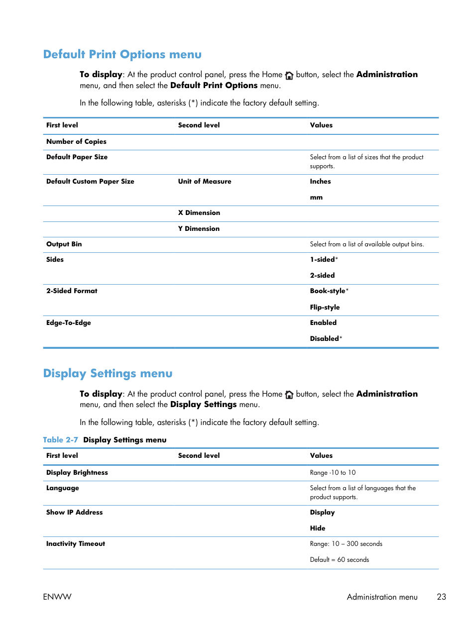 Default print options menu, Display settings menu, Default print options menu display settings menu | HP LaserJet Enterprise 600 Printer M603 series User Manual | Page 39 / 264
