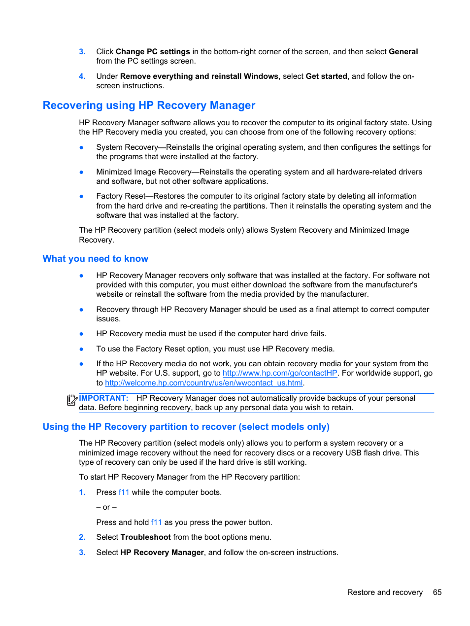 Recovering using hp recovery manager, What you need to know, Ion, see | HP ENVY m6-k088ca Sleekbook User Manual | Page 75 / 81