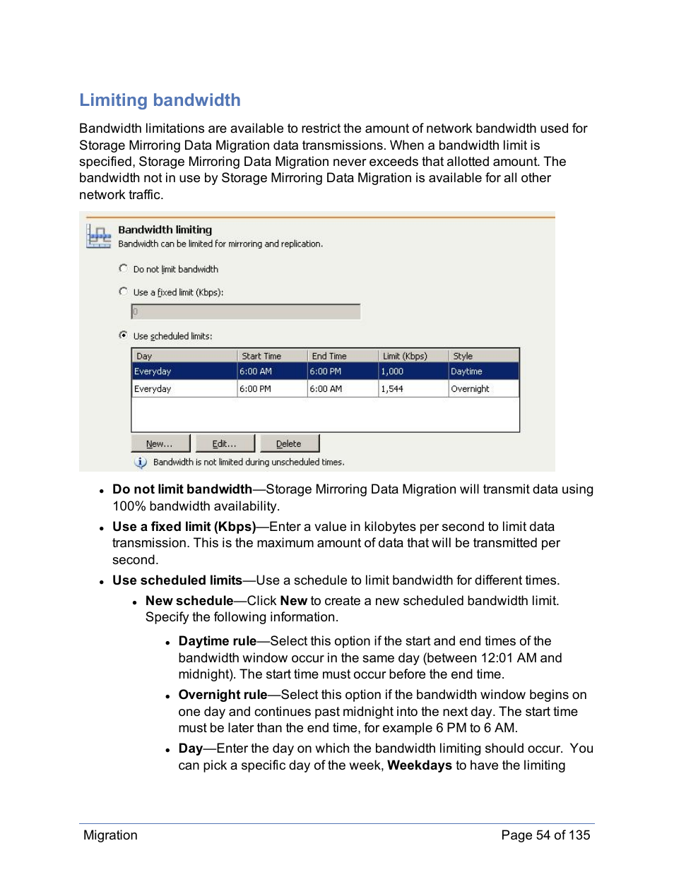 Limiting bandwidth | HP Storage Mirroring Software User Manual | Page 55 / 136