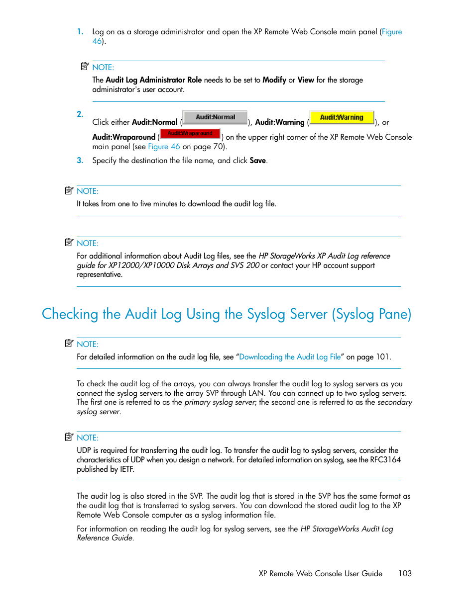 Checking, Checking the audit log by using the syslog, Server (syslog pane) | HP StorageWorks XP Remote Web Console Software User Manual | Page 103 / 186