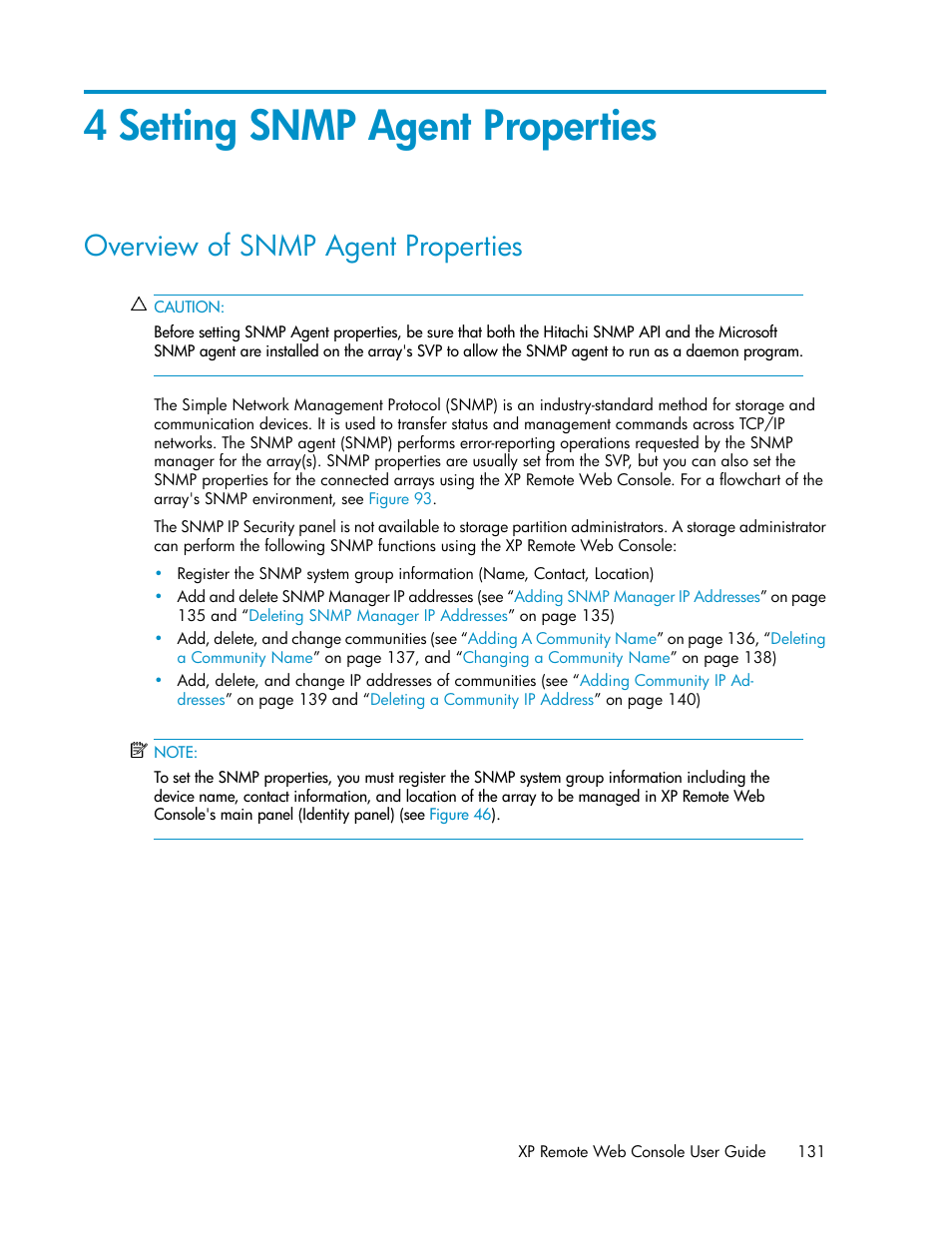 4 setting snmp agent properties, Overview of snmp agent properties, Setting snmp agent proper | Ties, Setting snmp, Agent properties, Setting, Snmp agent properties, Setting snmp agent properties | HP StorageWorks XP Remote Web Console Software User Manual | Page 131 / 186