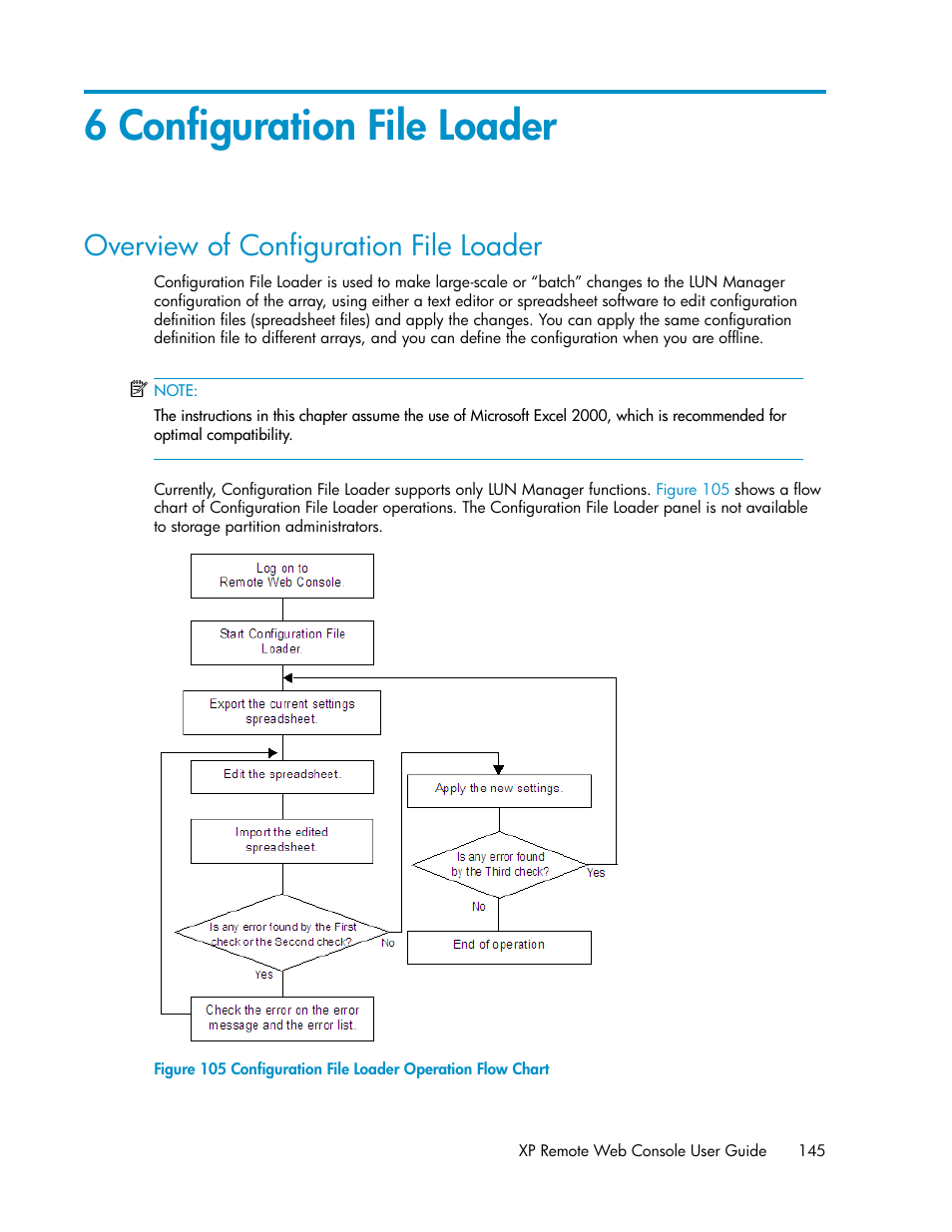 6 configuration file loader, Overview of configuration file loader, Configuration file loader operation flow chart | HP StorageWorks XP Remote Web Console Software User Manual | Page 145 / 186