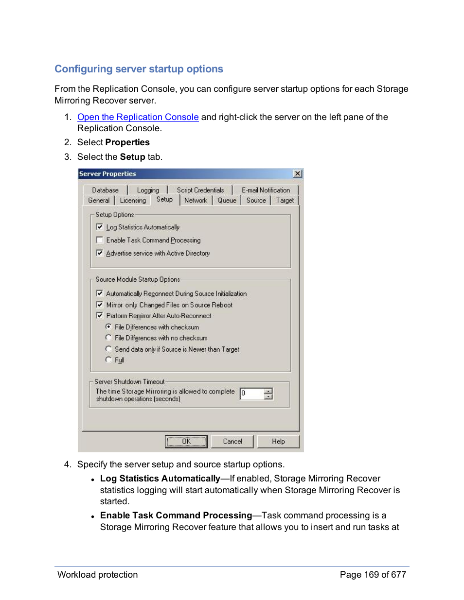 Configuring server startup options, Server, Properties setup | HP Storage Mirroring Software User Manual | Page 170 / 678