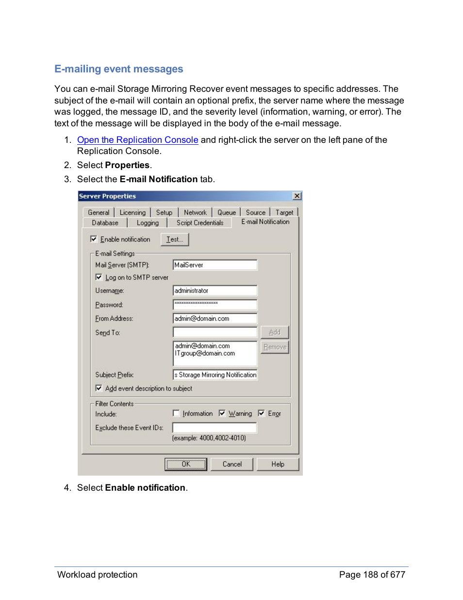 E-mailing event messages | HP Storage Mirroring Software User Manual | Page 189 / 678