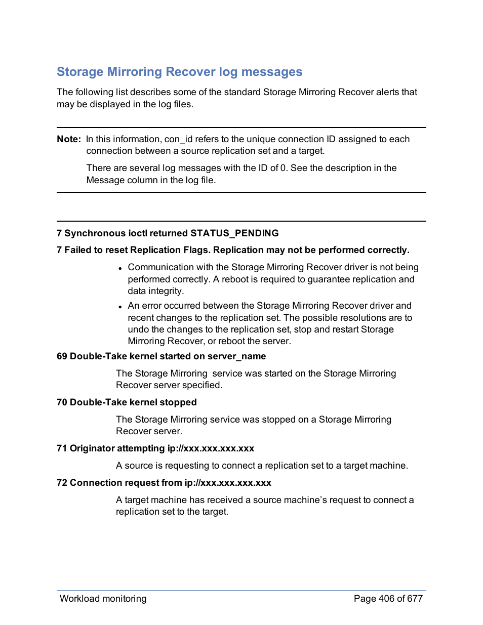 Storage mirroring recover log messages | HP Storage Mirroring Software User Manual | Page 407 / 678
