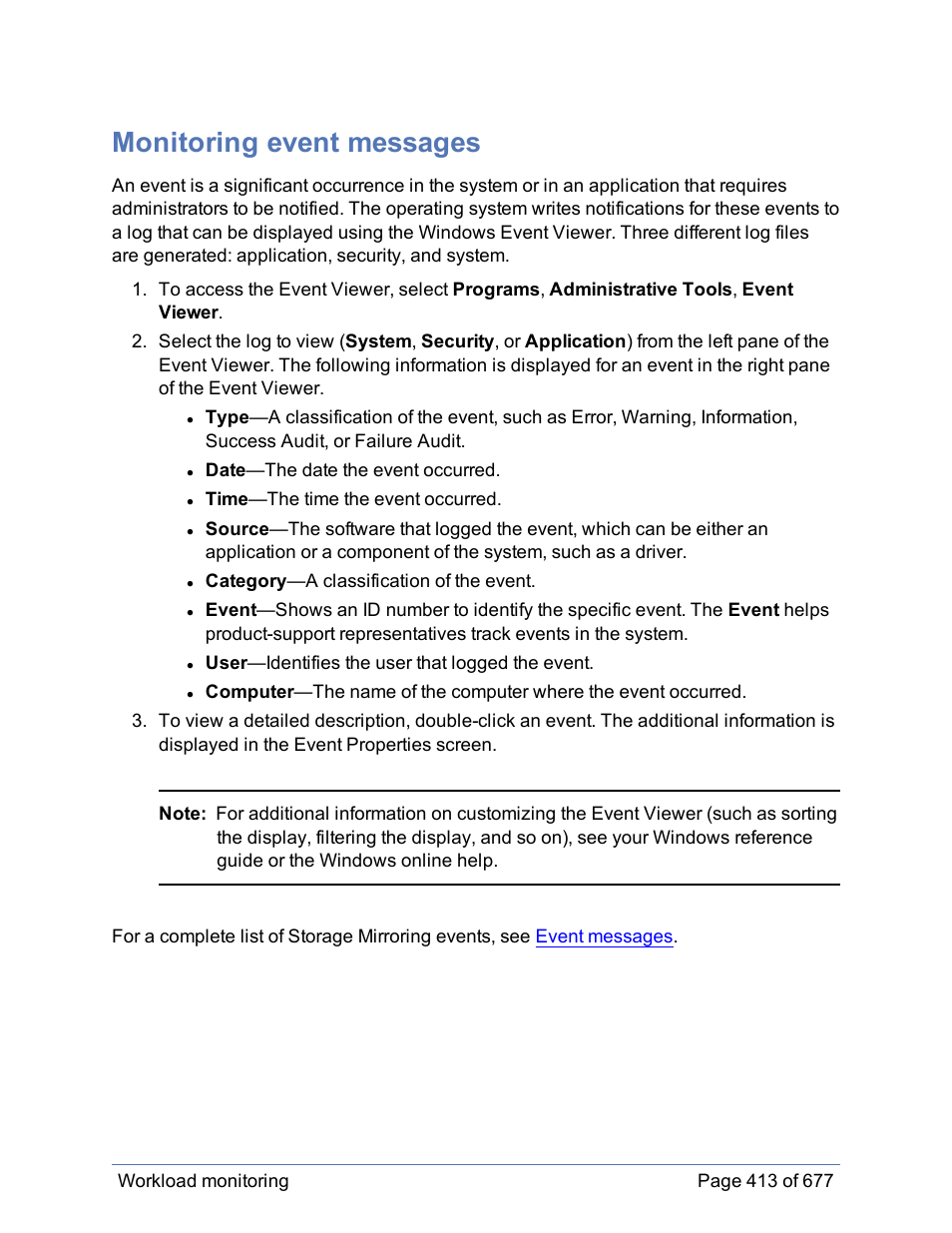 Monitoring event messages, Windows event messages | HP Storage Mirroring Software User Manual | Page 414 / 678