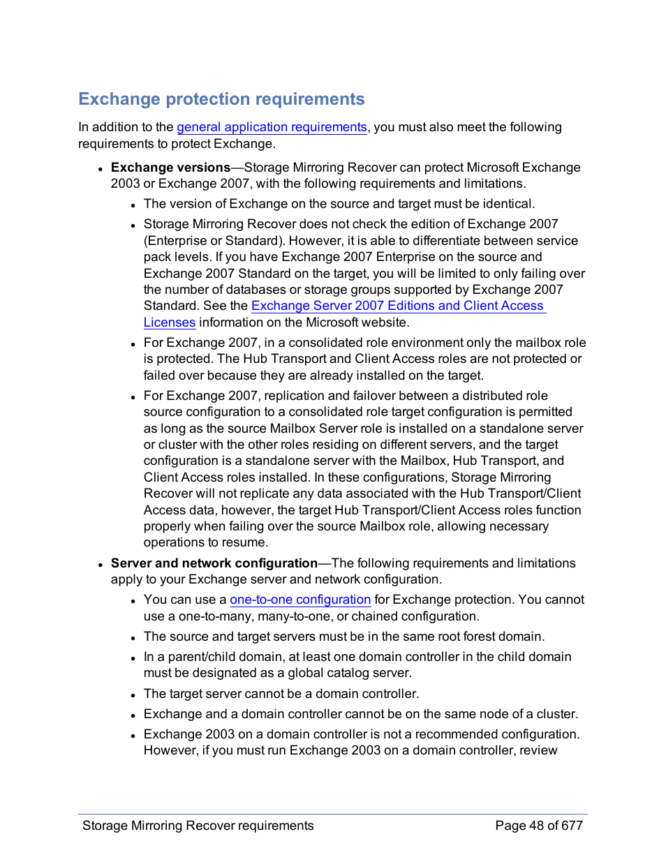 Exchange protection requirements, Exchange | HP Storage Mirroring Software User Manual | Page 49 / 678