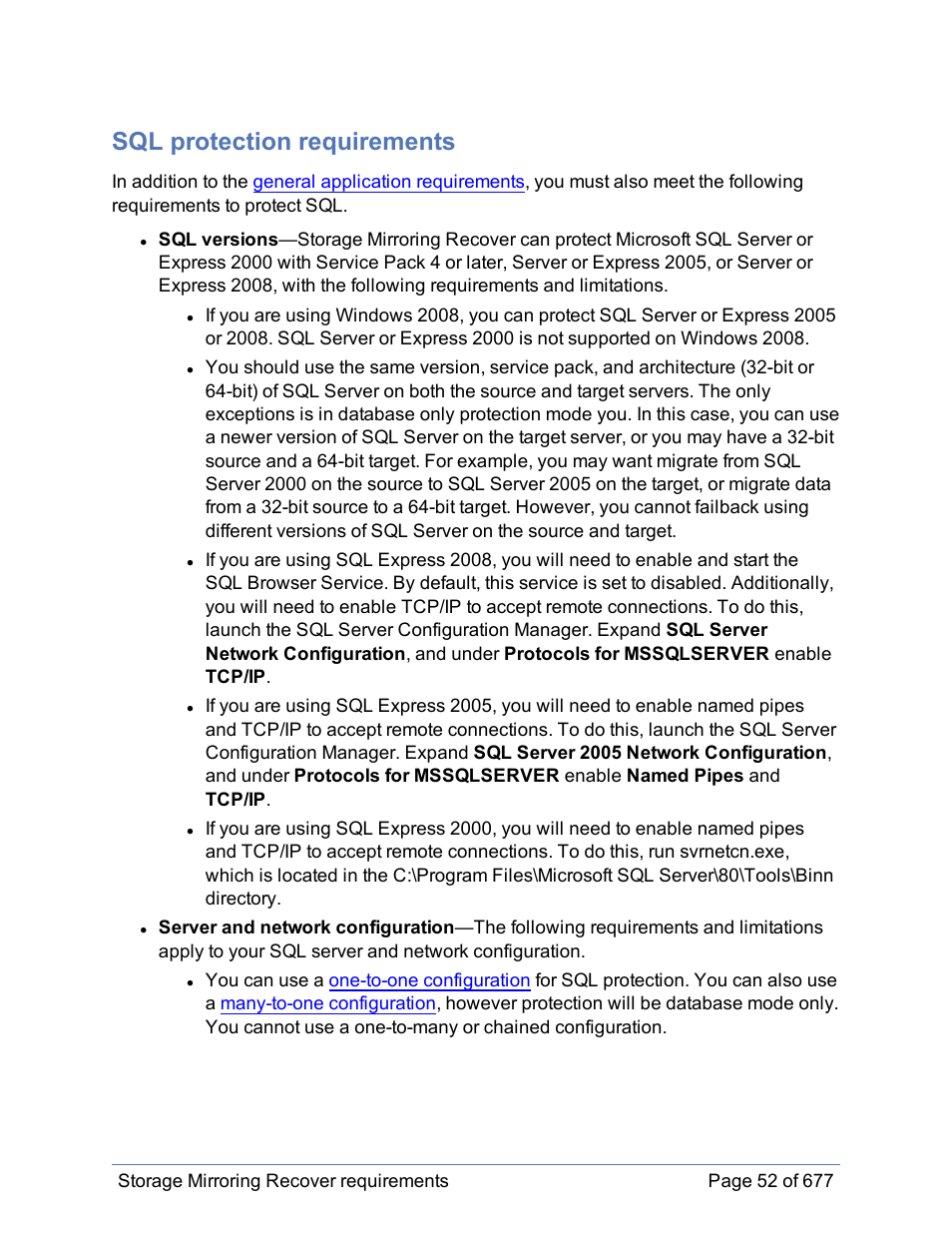 Sql protection requirements | HP Storage Mirroring Software User Manual | Page 53 / 678