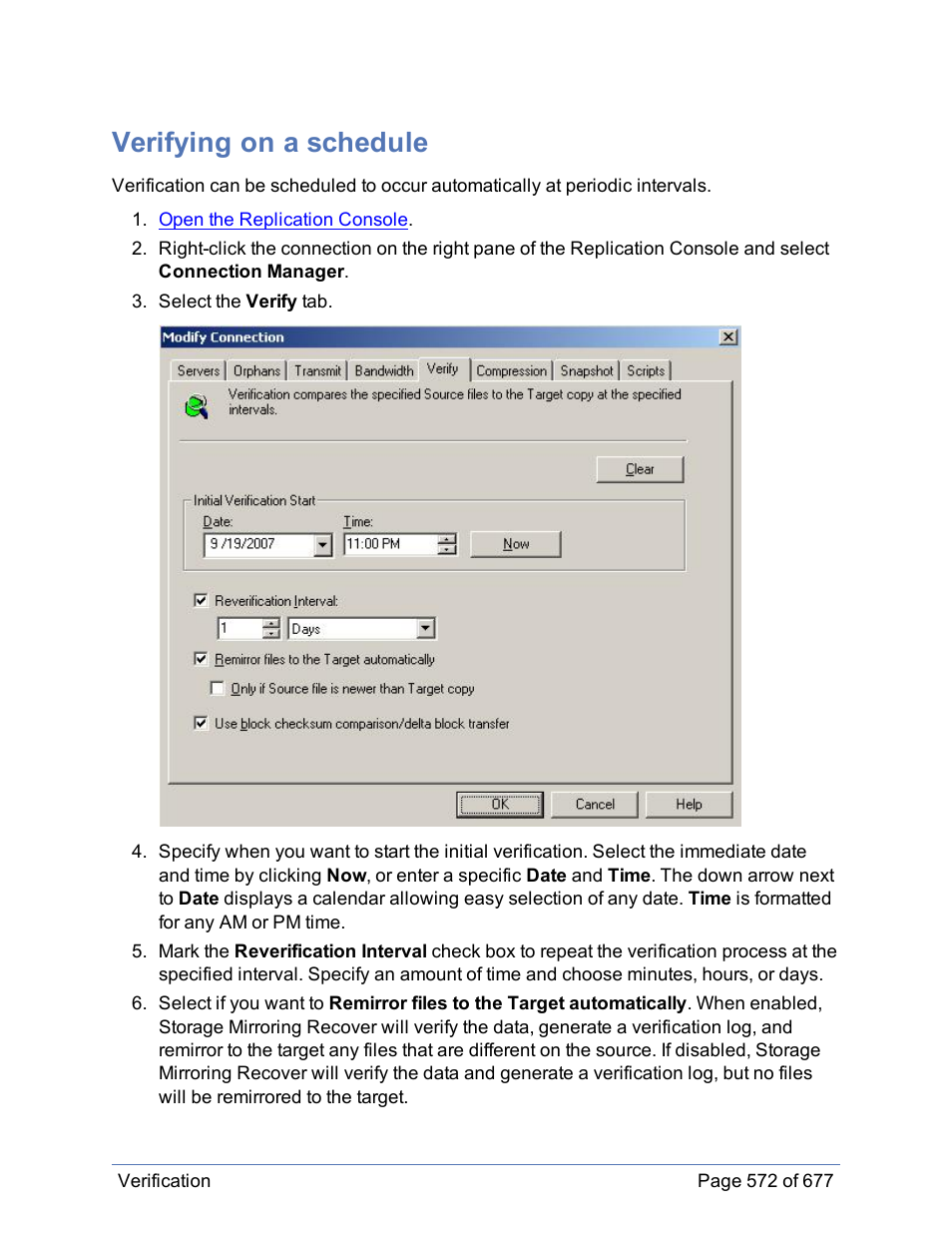 Verifying on a schedule | HP Storage Mirroring Software User Manual | Page 573 / 678