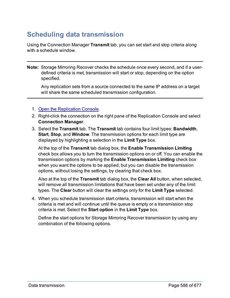 Scheduling data transmission | HP Storage Mirroring Software User Manual | Page 587 / 678