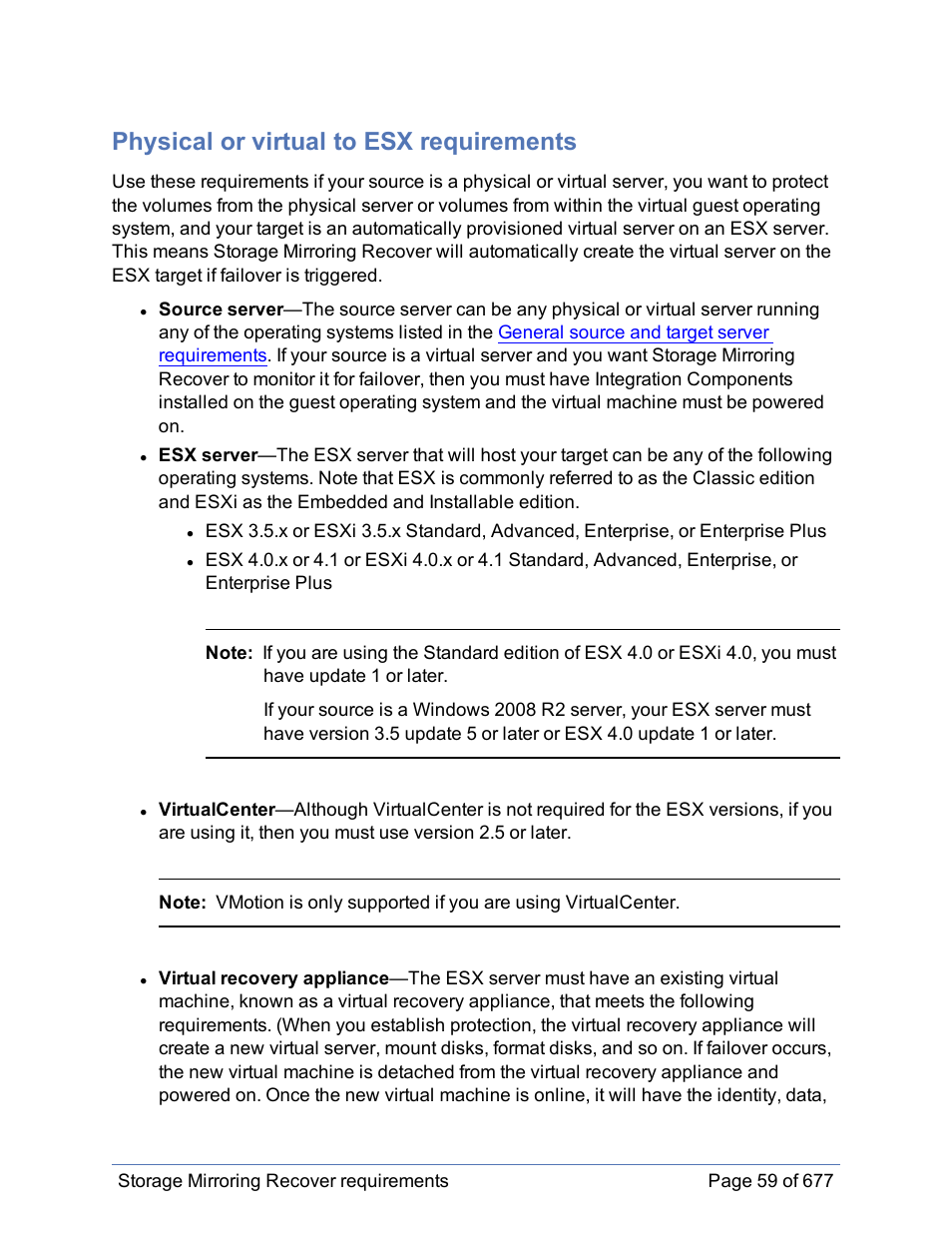 Physical or virtual to esx requirements | HP Storage Mirroring Software User Manual | Page 60 / 678