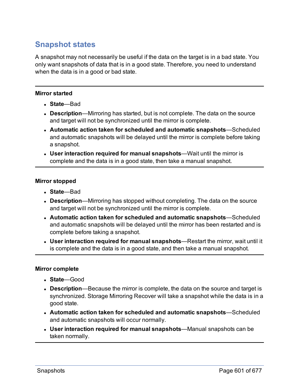 Snapshot states | HP Storage Mirroring Software User Manual | Page 602 / 678