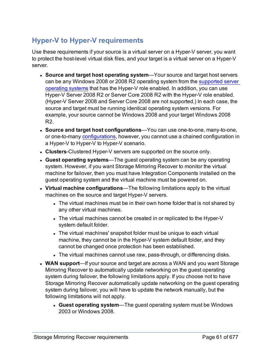 Hyper-v to hyper-v requirements, Hyper-v, To hyper-v requirements | HP Storage Mirroring Software User Manual | Page 62 / 678
