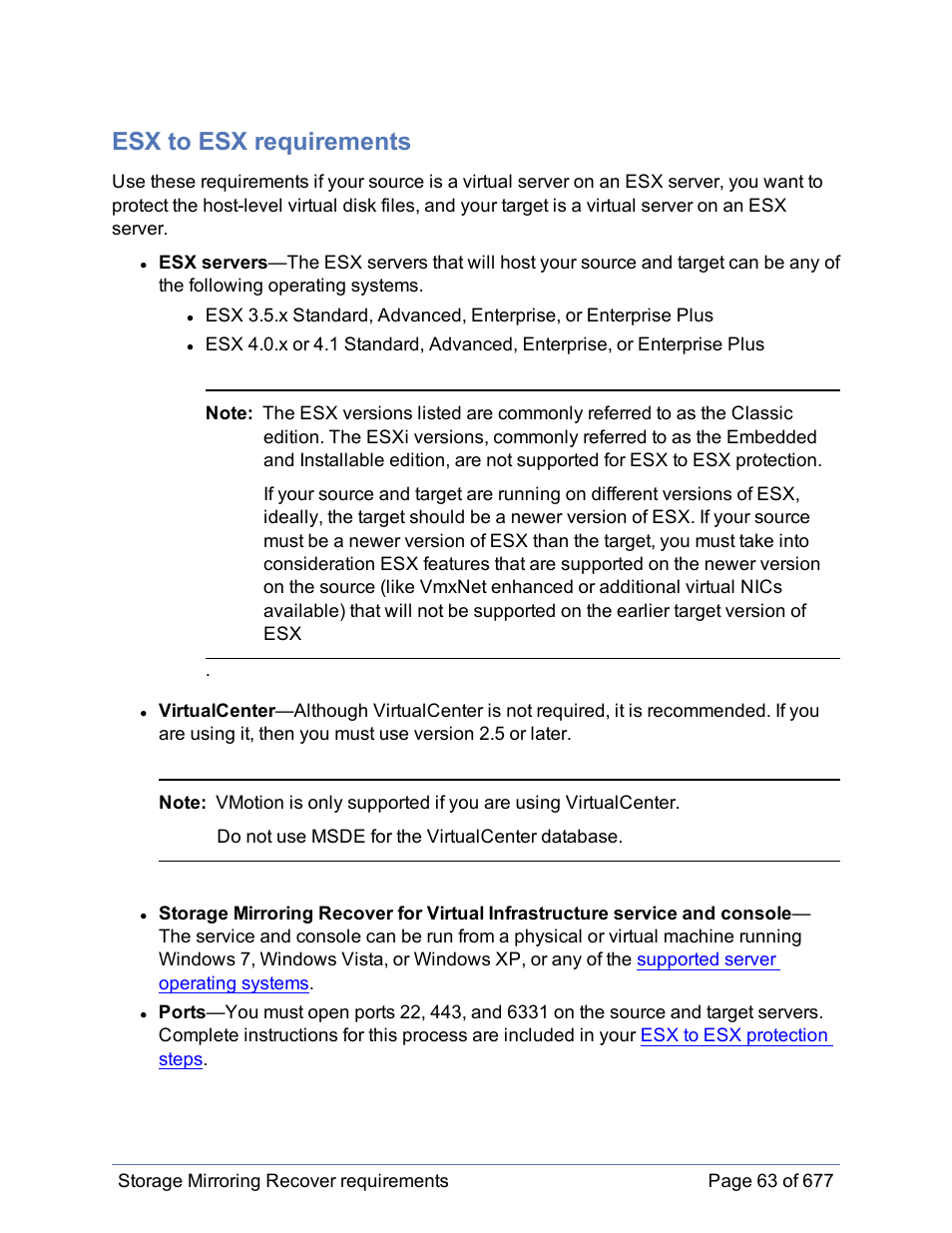 Esx to esx requirements, Esx to esx, Requirements | HP Storage Mirroring Software User Manual | Page 64 / 678