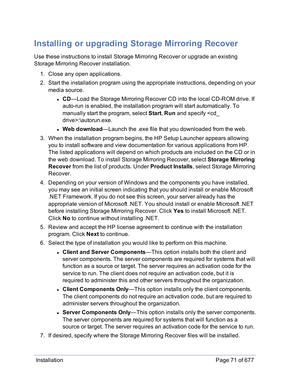 Installing or upgrading storage mirroring recover, Standard installation program | HP Storage Mirroring Software User Manual | Page 72 / 678