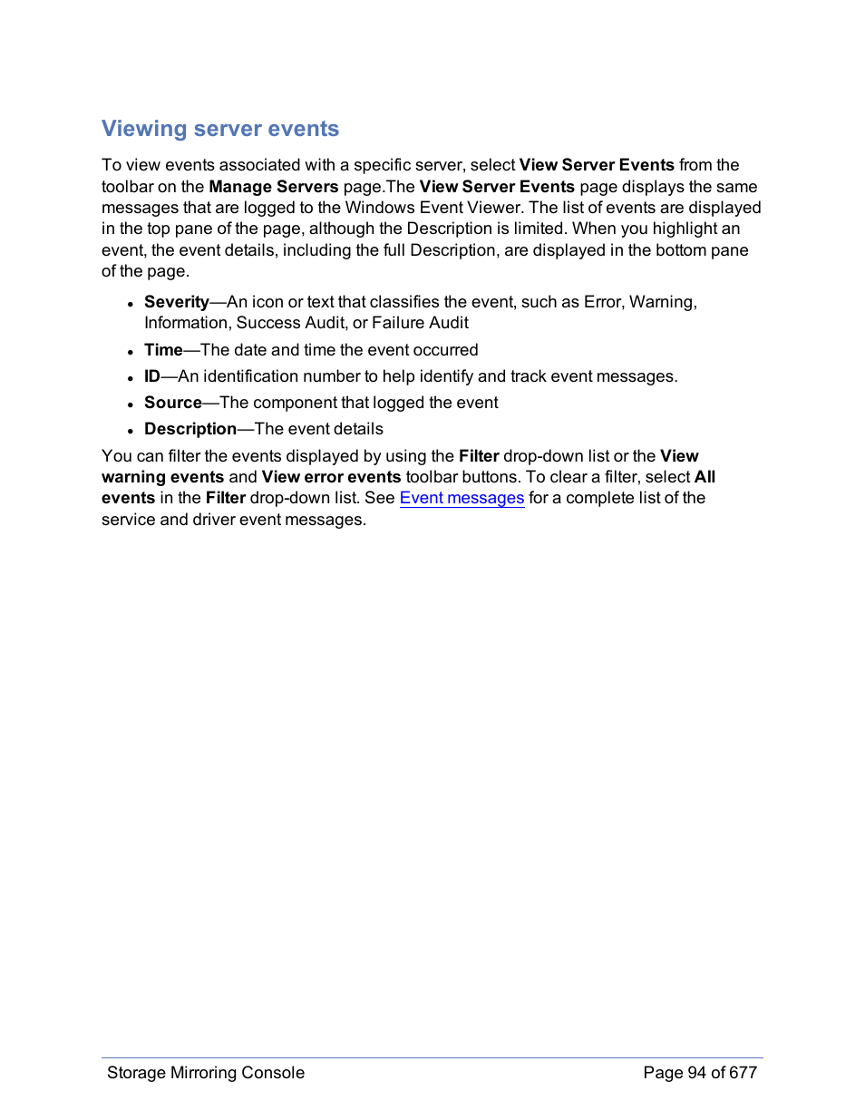 Viewing server events | HP Storage Mirroring Software User Manual | Page 95 / 678