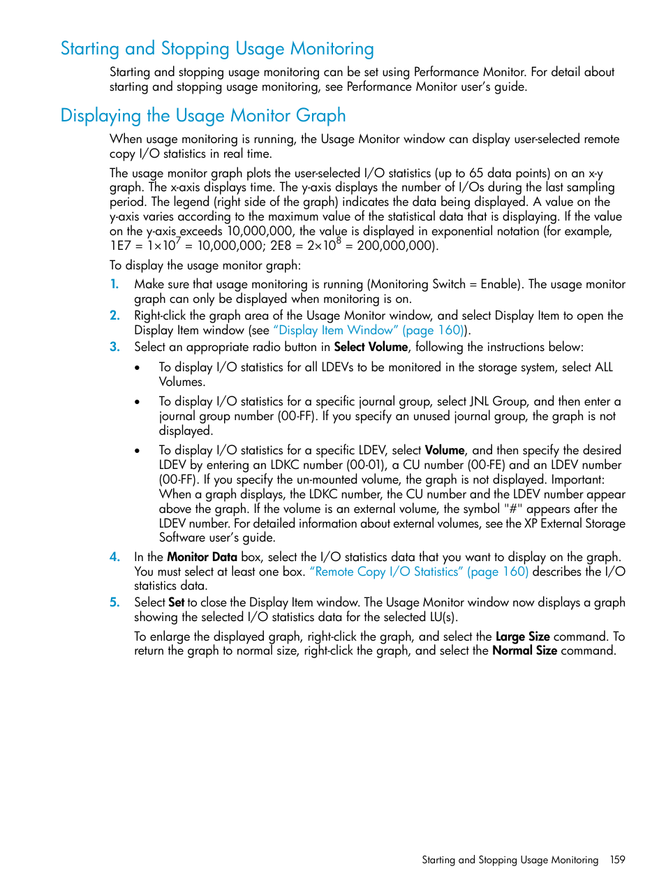 Starting and stopping usage monitoring, Displaying the usage monitor graph | HP StorageWorks XP Remote Web Console Software User Manual | Page 159 / 203