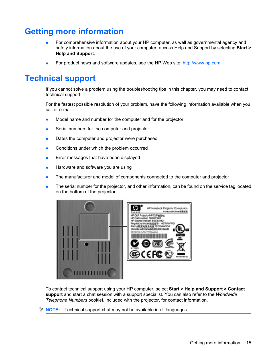 Getting more information, Technical support, Getting more information technical support | HP Notebook Projection Companion User Manual | Page 19 / 23