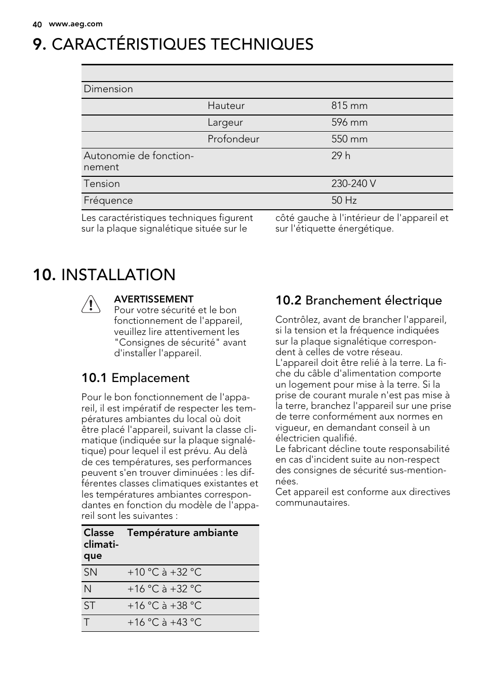 Caractéristiques techniques, Installation, 1 emplacement | 2 branchement électrique | AEG AGS58200F0 User Manual | Page 40 / 72