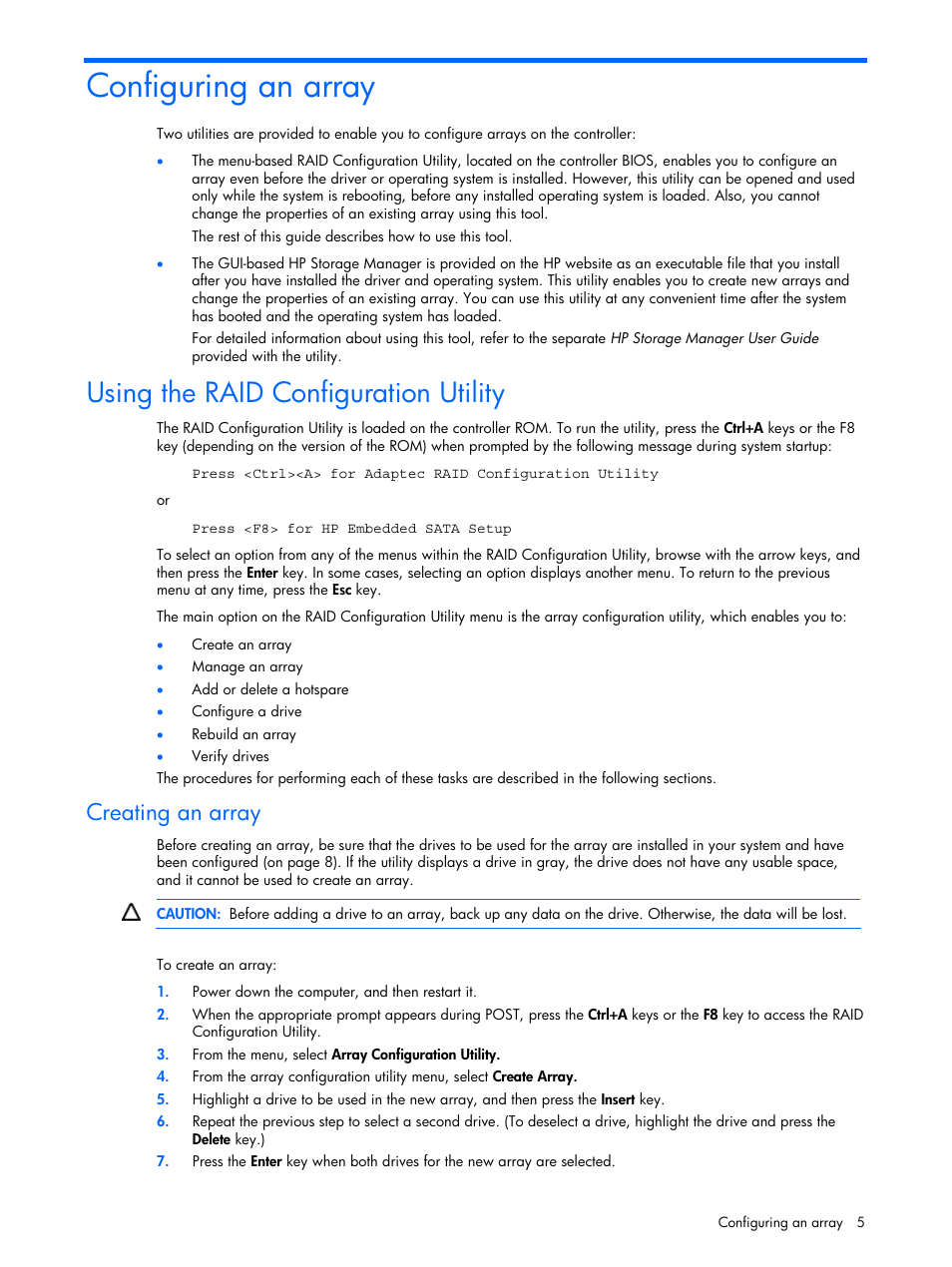 Configuring an array, Using the raid configuration utility, Creating an array | HP 6 Port SATA RAID Controller User Manual | Page 5 / 8