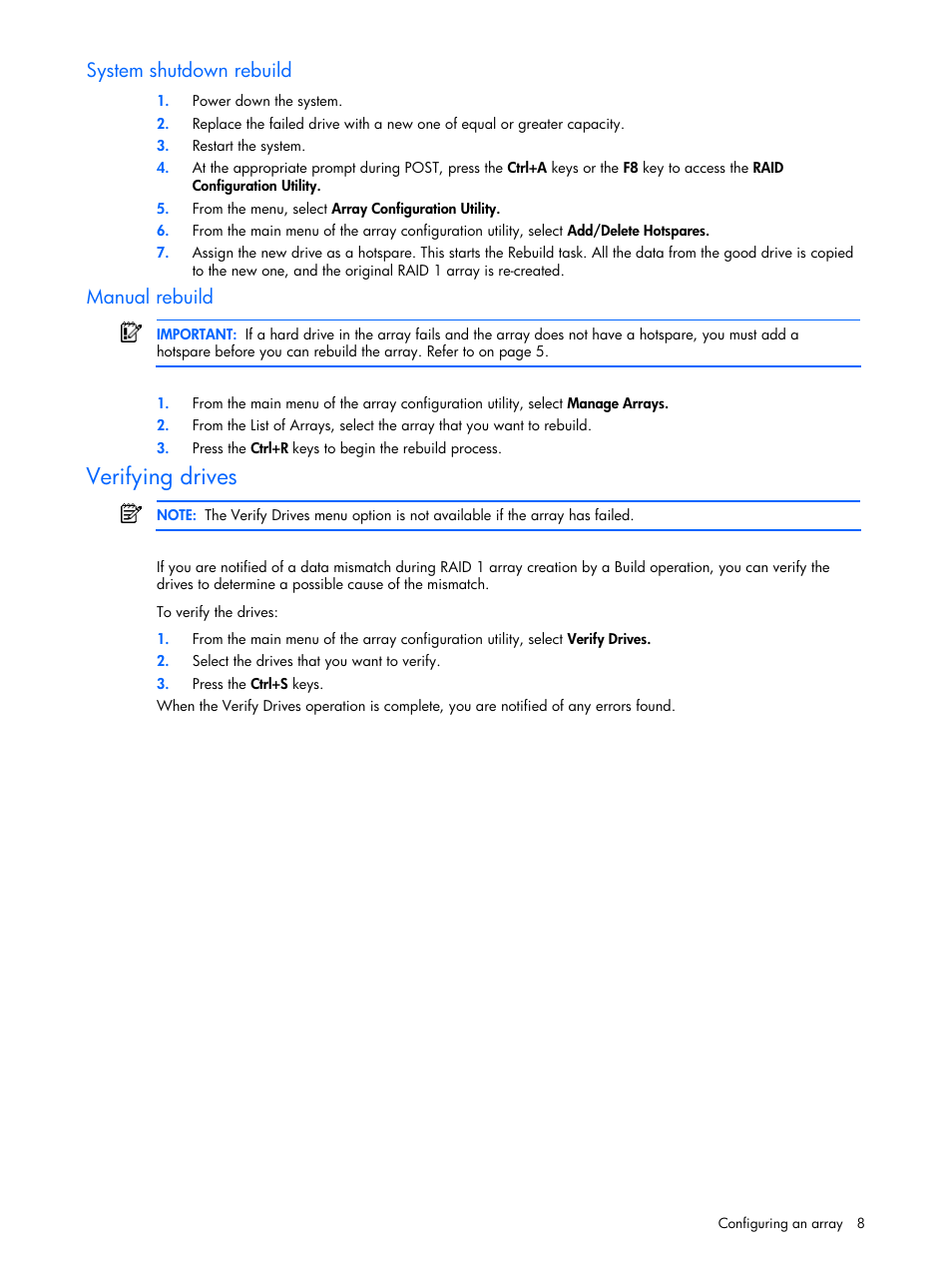 System shutdown rebuild, Manual rebuild, Verifying drives | HP 6 Port SATA RAID Controller User Manual | Page 8 / 8