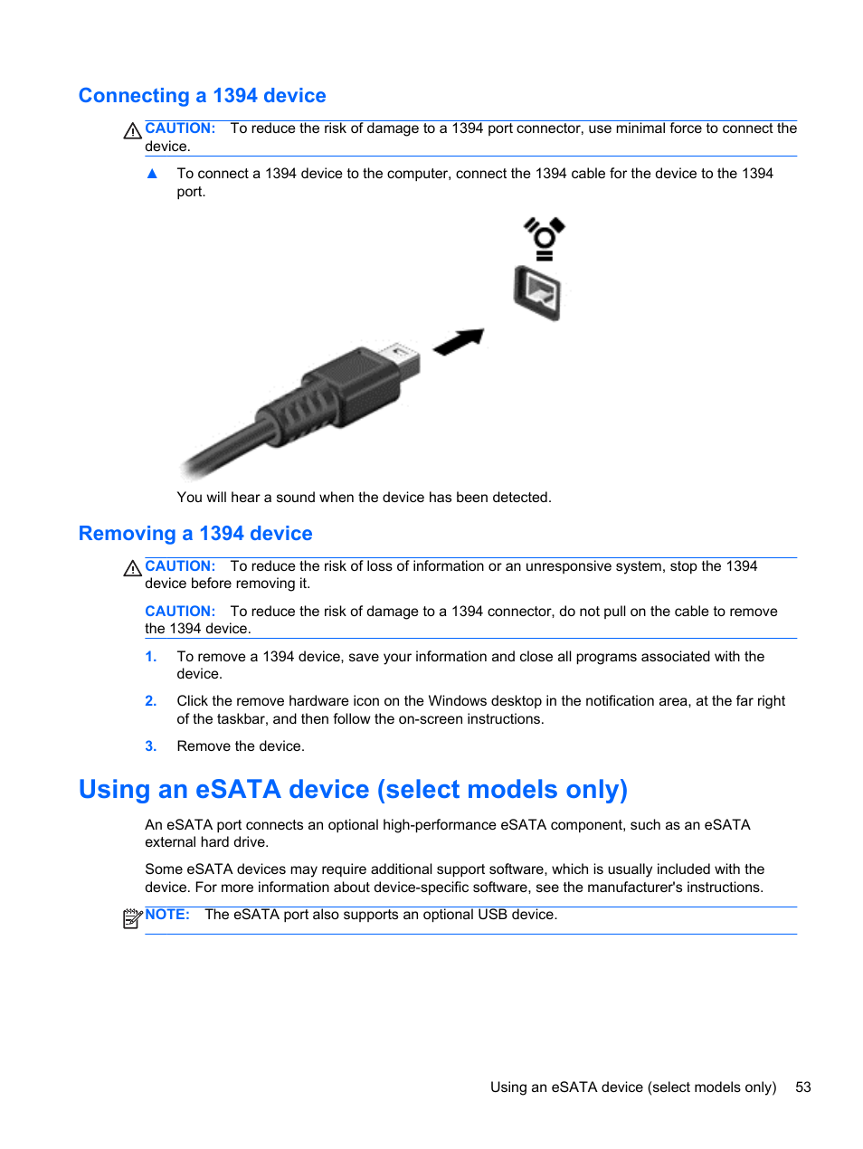 Connecting a 1394 device, Removing a 1394 device, Using an esata device (select models only) | Connecting a 1394 device removing a 1394 device | HP EliteBook 8570w Mobile Workstation User Manual | Page 63 / 127