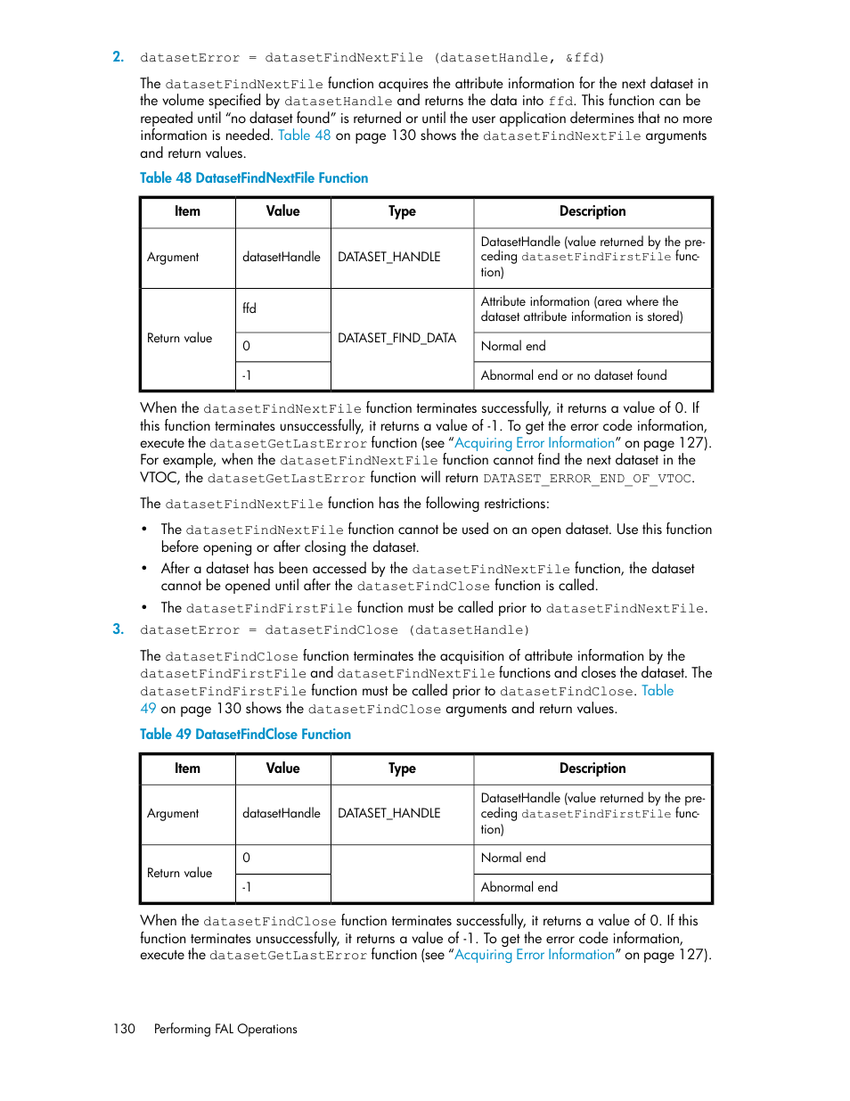 Datasetfindnextfile function, Datasetfindclose function | HP XP P9500 Storage User Manual | Page 130 / 182