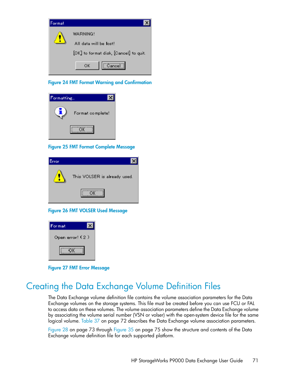 Creating the data exchange volume definition files, Fmt format warning and confirmation, Fmt format complete message | Fmt volser used message, Fmt error message, Figure 24, Figure 25, Figure 26, Figure | HP XP P9500 Storage User Manual | Page 71 / 182