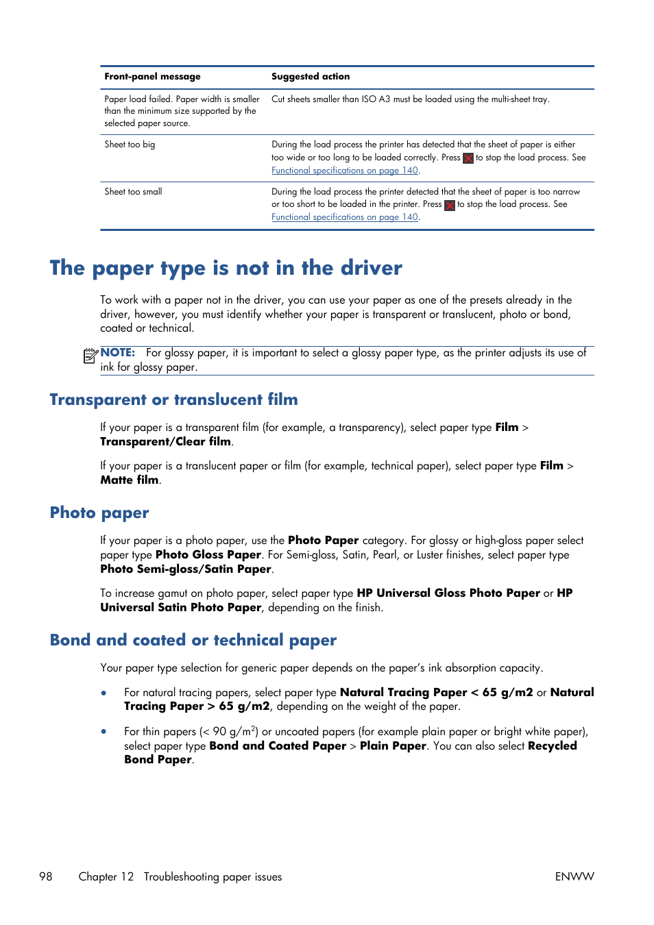 The paper type is not in the driver, Transparent or translucent film, Photo paper | Bond and coated or technical paper | HP Designjet T120 ePrinter User Manual | Page 106 / 156