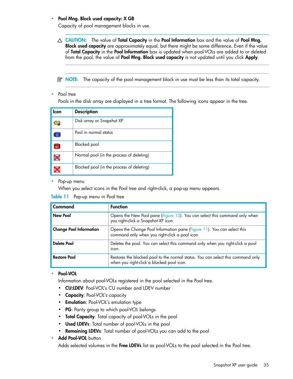 Table 11 pop-up menu in pool tree, 11 pop-up menu in pool tree | HP StorageWorks XP Remote Web Console Software User Manual | Page 35 / 62