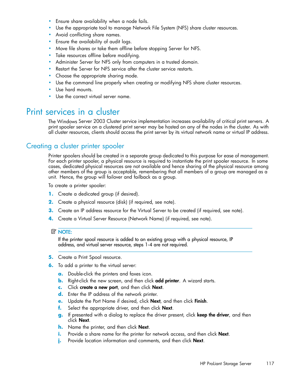 Print services in a cluster, Creating a cluster printer spooler | HP ProLiant DL380 G5-Storage-Server User Manual | Page 117 / 156