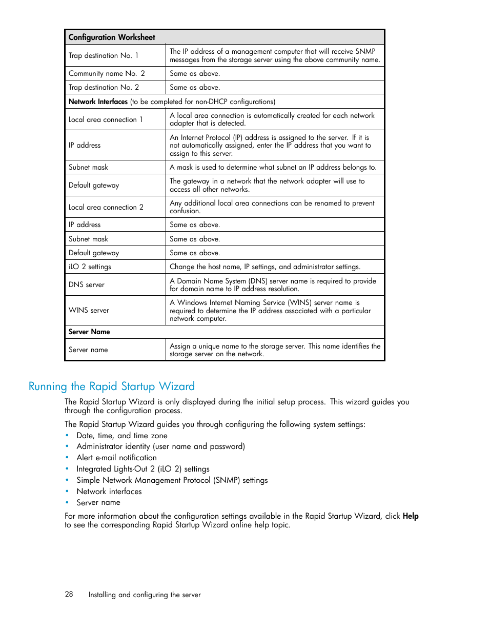 Running the rapid startup wizard, Rapid startup wizard | HP ProLiant DL380 G5-Storage-Server User Manual | Page 28 / 156