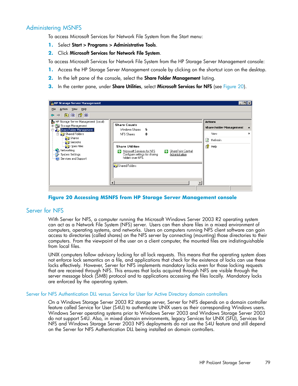 Administering msnfs, Server for nfs | HP ProLiant DL380 G5-Storage-Server User Manual | Page 79 / 156