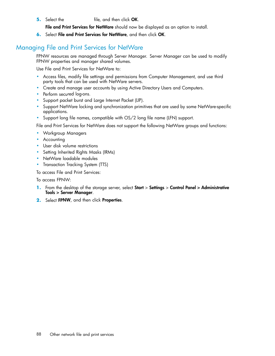 Managing file and print services for netware | HP ProLiant DL380 G5-Storage-Server User Manual | Page 88 / 156
