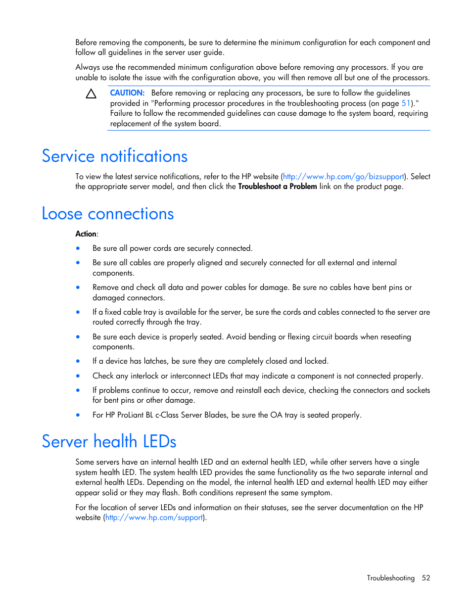 Service notifications, Loose connections, Server health leds | HP ProLiant SL390s G7 Server User Manual | Page 52 / 85