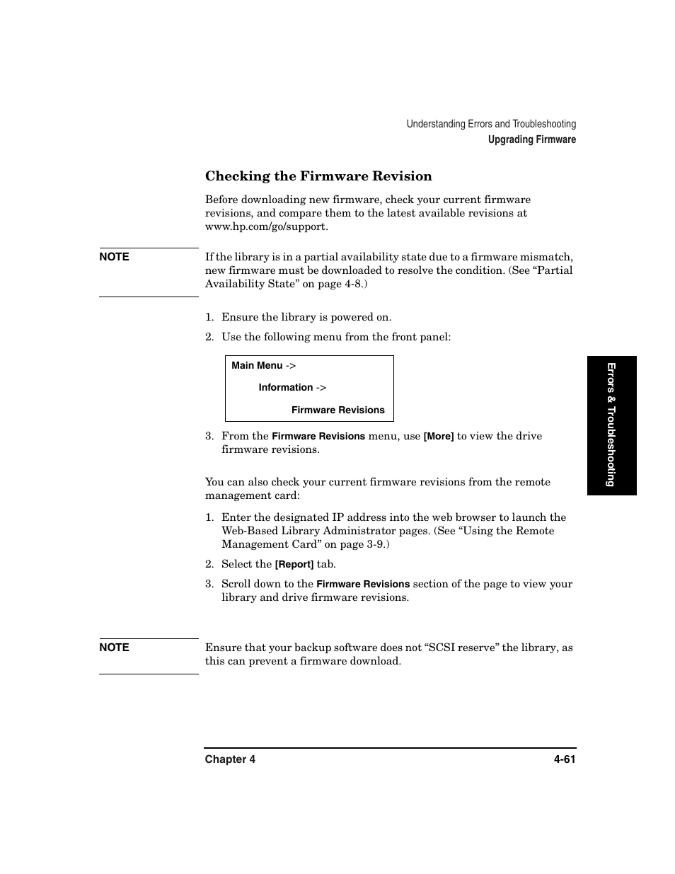 Checking the firmware revision, Checking the firmware revision -61 | HP Surestore 6.140 Tape Library User Manual | Page 167 / 240