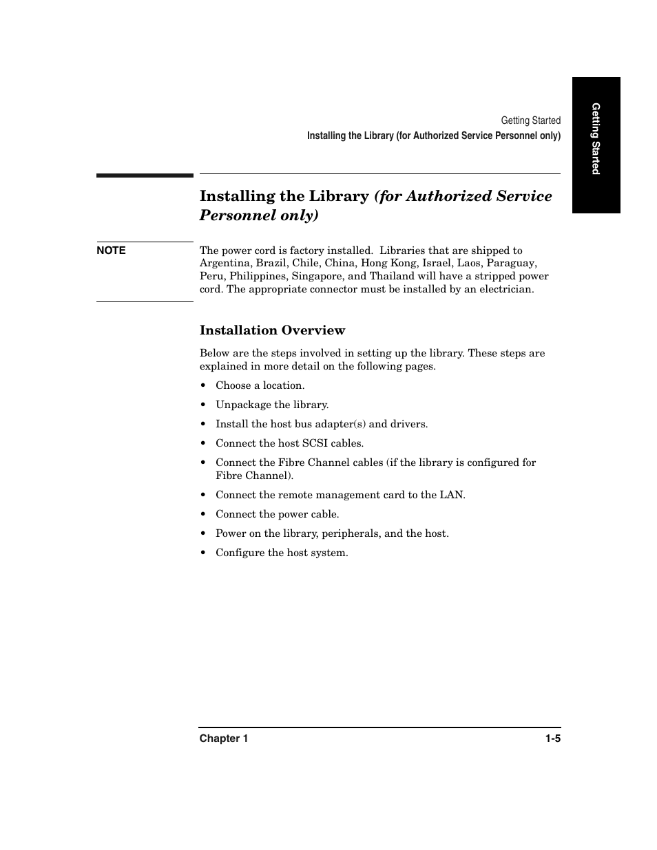 Installing the library (f, Installation overview -5 | HP Surestore 6.140 Tape Library User Manual | Page 21 / 240