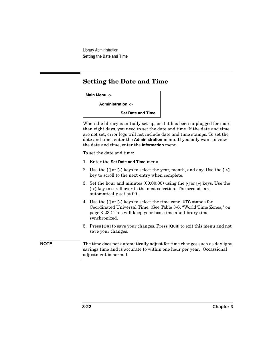Setting the date and time, Setting the date and time -22 | HP Surestore 6.140 Tape Library User Manual | Page 96 / 240