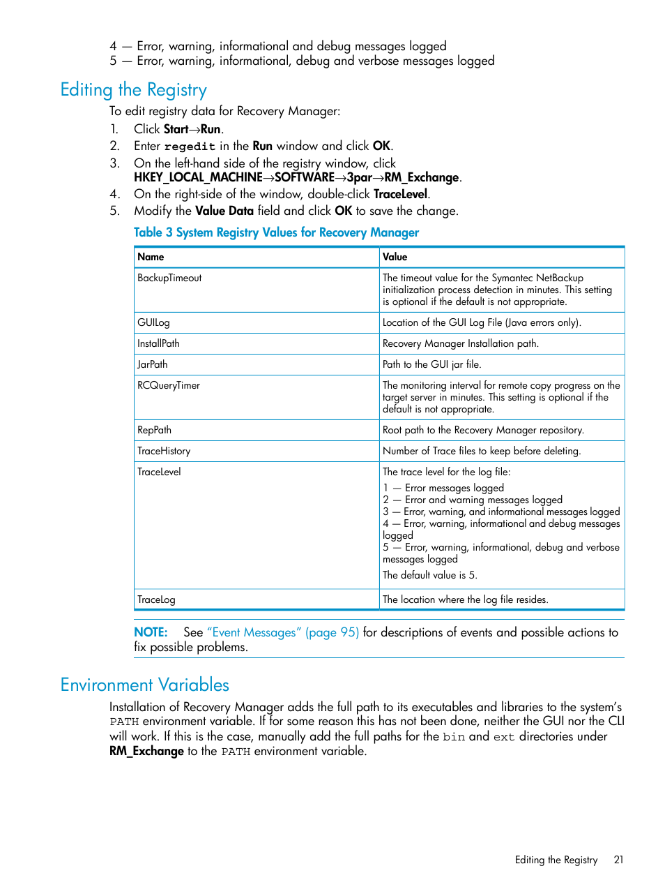 Editing the registry, Environment variables, Editing the registry environment variables | HP 3PAR Application Software Suite for Microsoft Exchange Licenses User Manual | Page 21 / 111