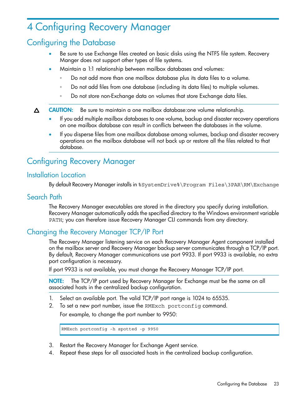 4 configuring recovery manager, Configuring the database, Configuring recovery manager | Installation location, Search path, Changing the recovery manager tcp/ip port | HP 3PAR Application Software Suite for Microsoft Exchange Licenses User Manual | Page 23 / 111