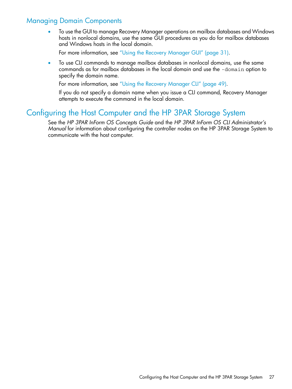 Managing domain components | HP 3PAR Application Software Suite for Microsoft Exchange Licenses User Manual | Page 27 / 111