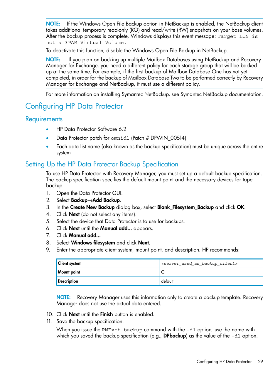 Configuring hp data protector, Requirements | HP 3PAR Application Software Suite for Microsoft Exchange Licenses User Manual | Page 29 / 111