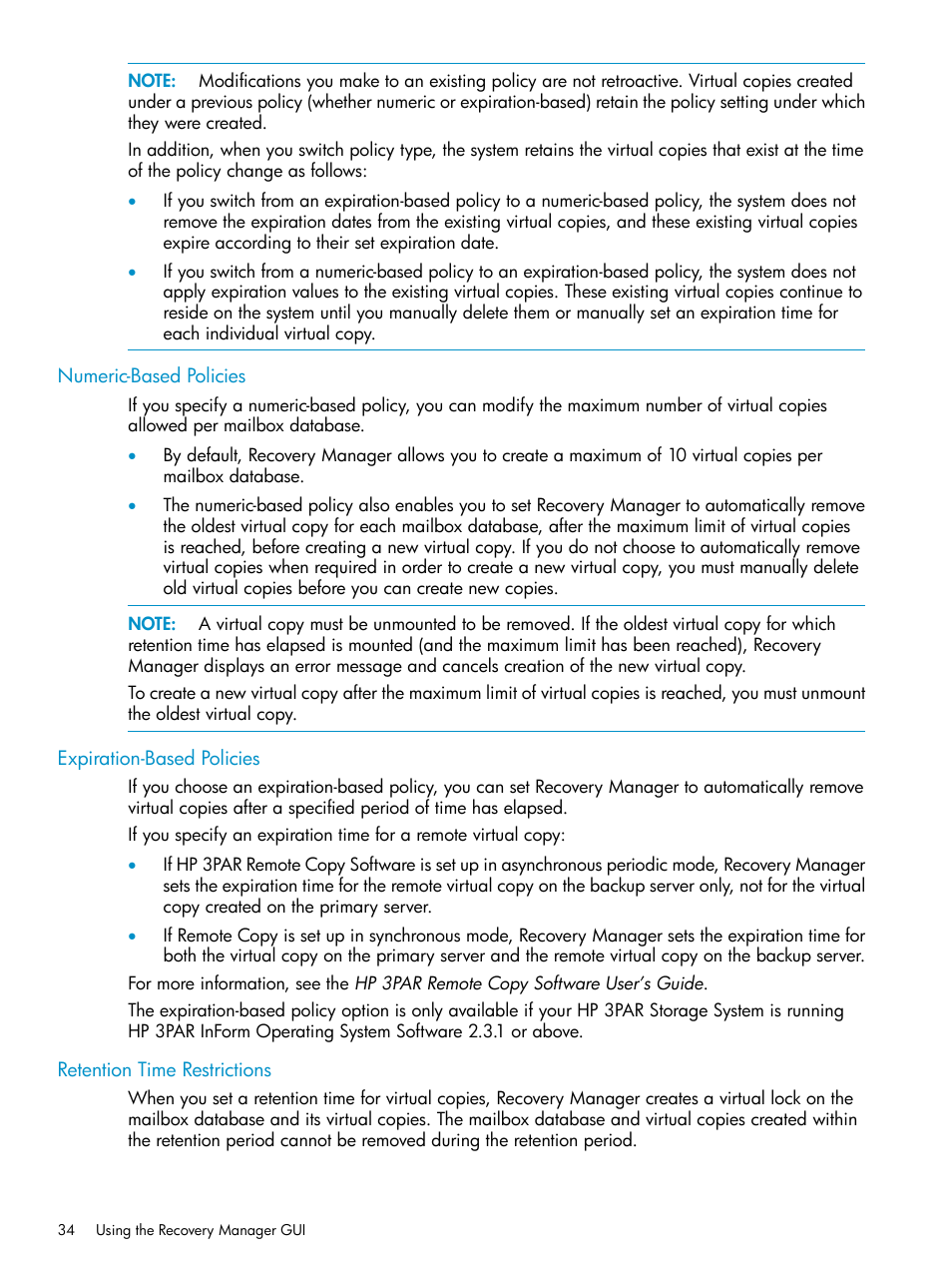 Numeric-based policies, Expiration-based policies, Retention time restrictions | HP 3PAR Application Software Suite for Microsoft Exchange Licenses User Manual | Page 34 / 111